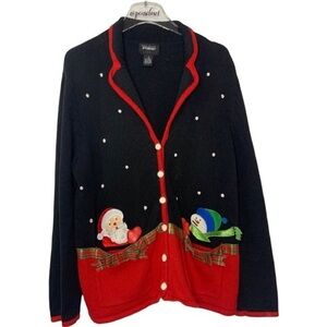 Vintage Designer Studio Christmas Snowman Santa Cardigan Sweater Party Size XL